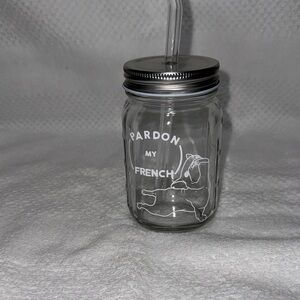 Custom Designed Glass Mason Jar with Straw and Bulldog Design- New Without Tags